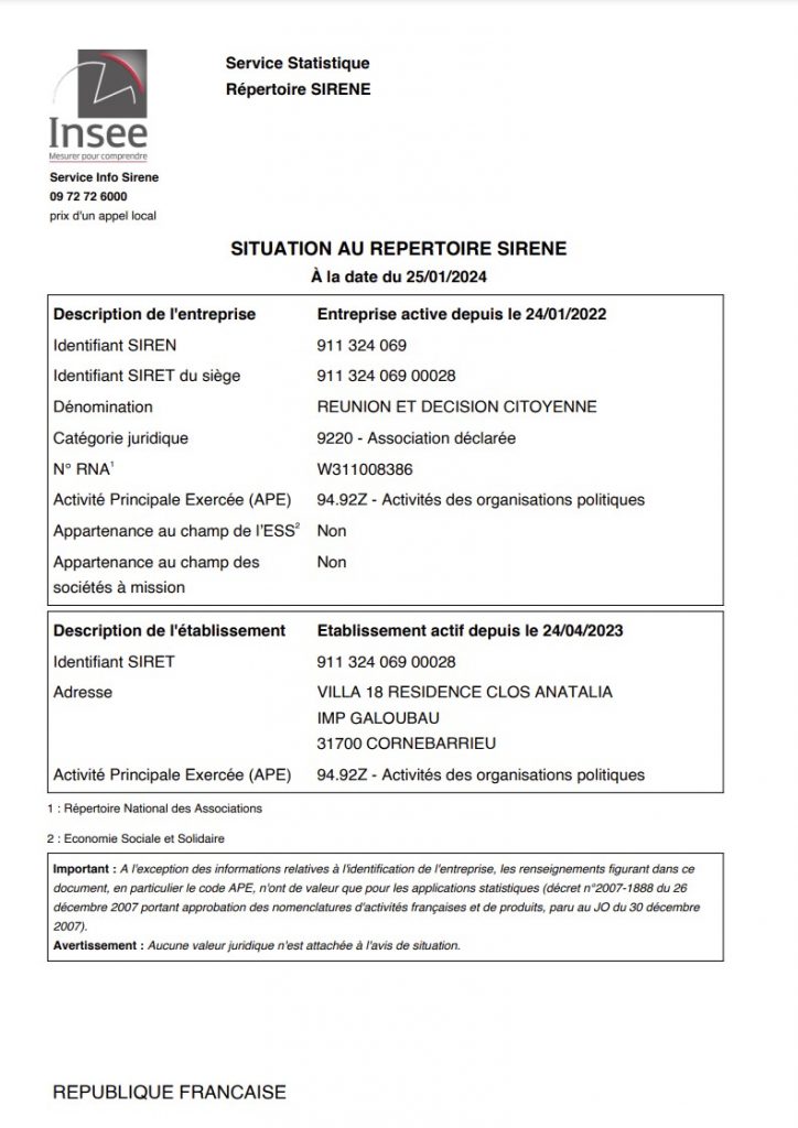 Service Statistique Répertoire SIRENE. Avis de situation Association Réunion & Décision Citoyenne