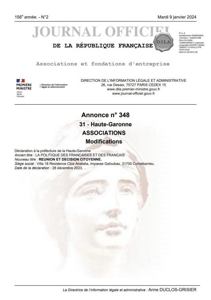 Journal Officiel de la République Française - Déclaration de modification Association LAPFF - RDC
