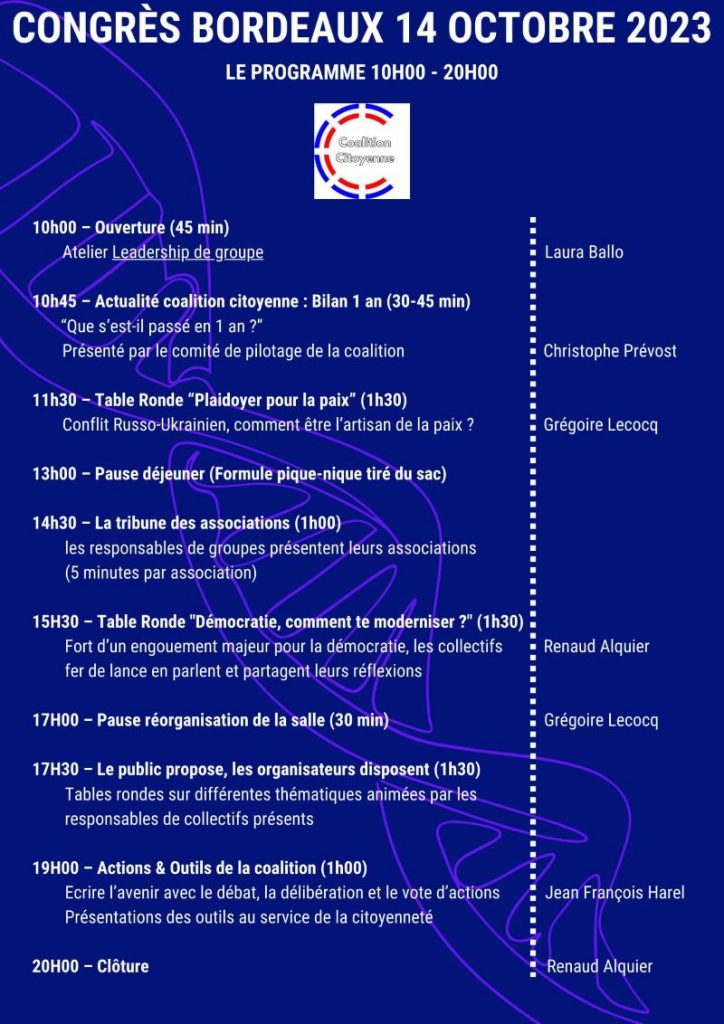Programme du congrès de la coalition citoyenne à Bordeaux le 14 octobre 2023